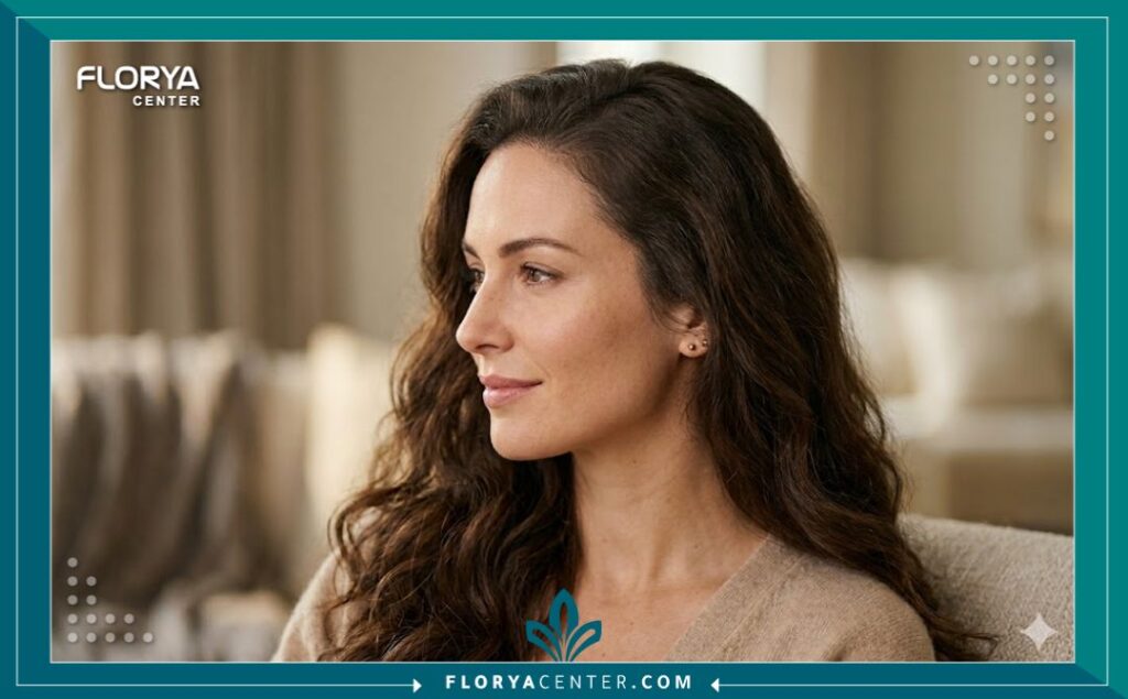 نتيجة طبيعية لعملية زراعة مقدمة الرأس للنساء دون حلاقة، يظهر الشعر الجديد مدمجاً مع الشعر الطويل.