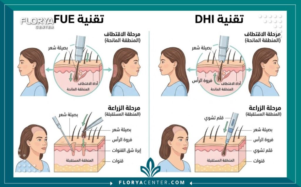 رسم تخطيطي طبي يوضح تقنيات زراعة الشعر للنساء (FUE و DHI) على فروة الرأس الأنثوية، مع تسميات دقيقة باللغة العربية.