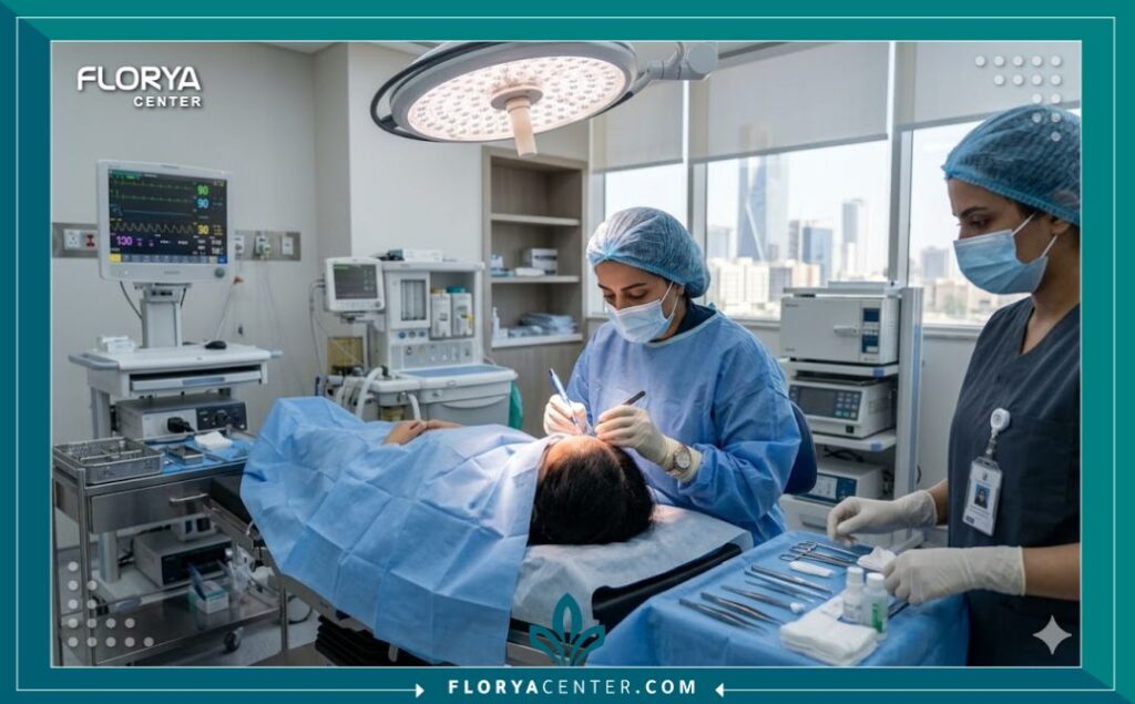 لقطة قريبة جمالية تظهر خط الشعر الطبيعي والكثيف لامرأة عربية بعد نجاح عملية زراعة الشعر في الرياض، مع التركيز على النتائج الطبيعية والخالية من الندوب.