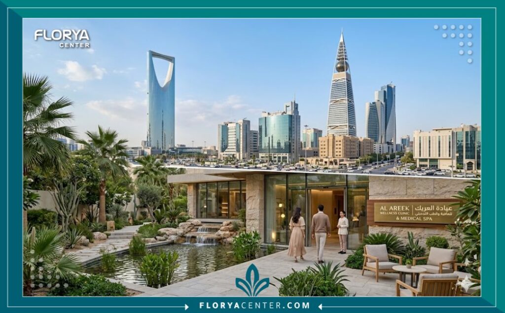 منظر بانورامي لمدينة الرياض يجمع بين معالمها الشهيرة ومدخل عيادة تجميل فاخرة، يرمز لتوفر خدمات زراعة الشعر العالمية للنساء محلياً دون الحاجة للسفر.