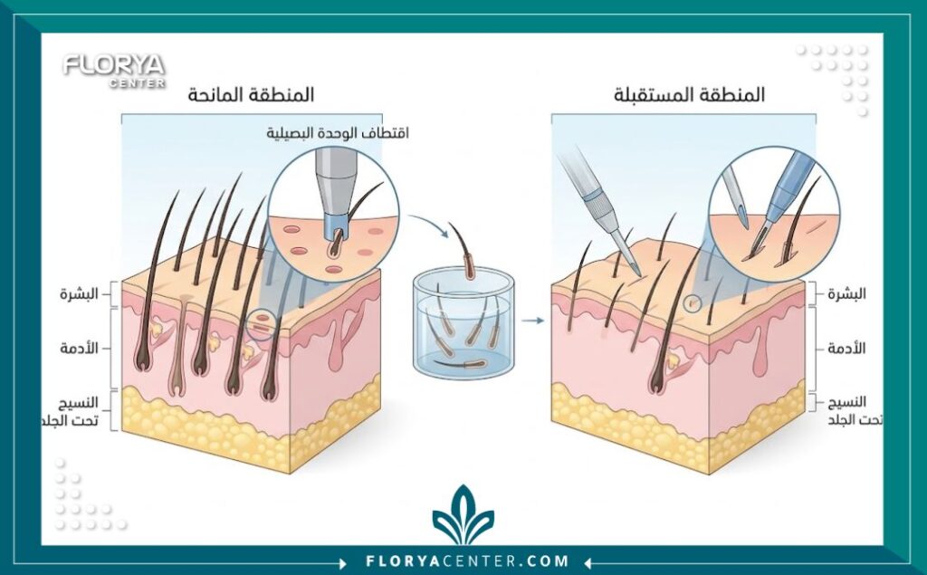 رسم تخطيطي طبي يوضح خطوات زراعة الشعر بالاقتطاف FUE للنساء، يظهر المنطقة المانحة والمستقبلة وزرع البصيلات.