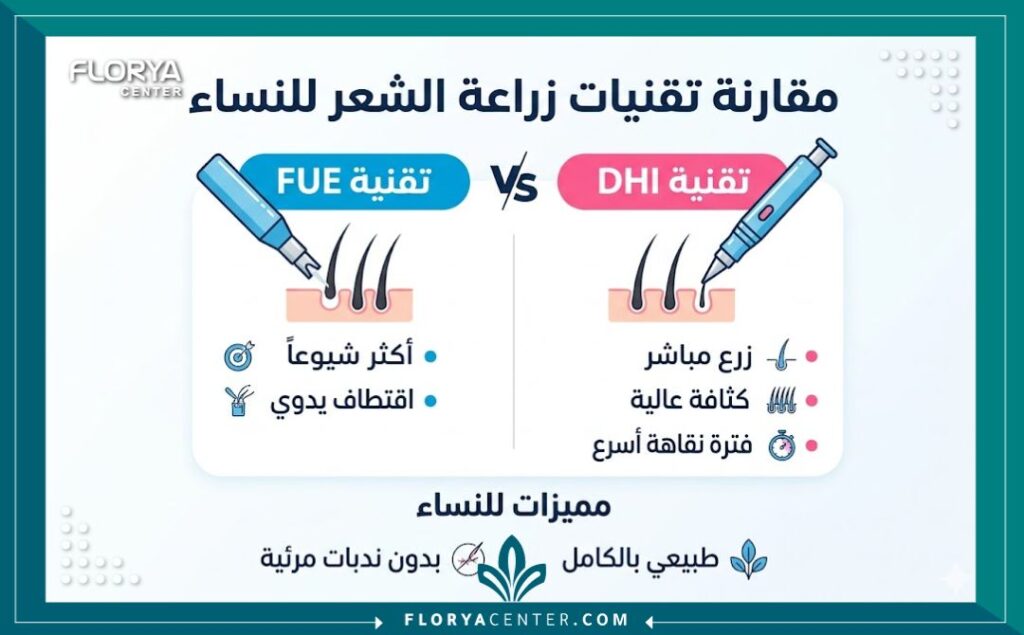 إنفوجرافيك يقارن بين تقنيات زراعة الشعر FUE و DHI للنساء، يبرز المزايا والفرق في الكثافة وفترة النقاهة.