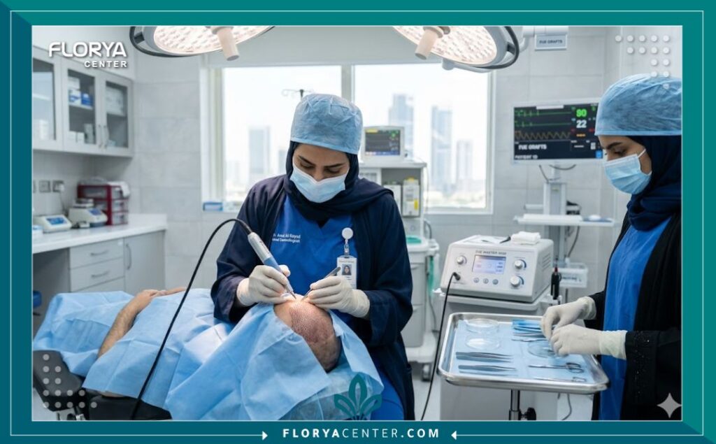 طبيبة جلدية سعودية تجري عملية زراعة شعر بالاقتطاف للنساء في غرفة عمليات معقمة ومجهزة بأحدث التقنيات في جدة.