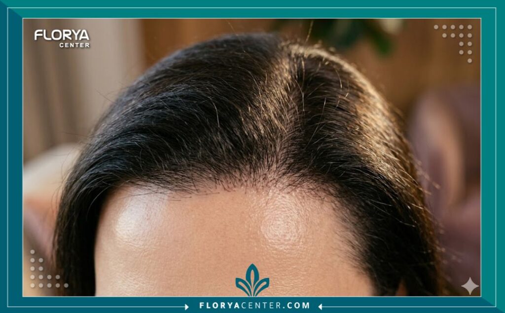 لقطة قريبة تظهر كثافة ومظهر الشعر الطبيعي بعد نجاح زراعة خط الشعر الأمامي والمقدمة للنساء في عيادة بجدة.