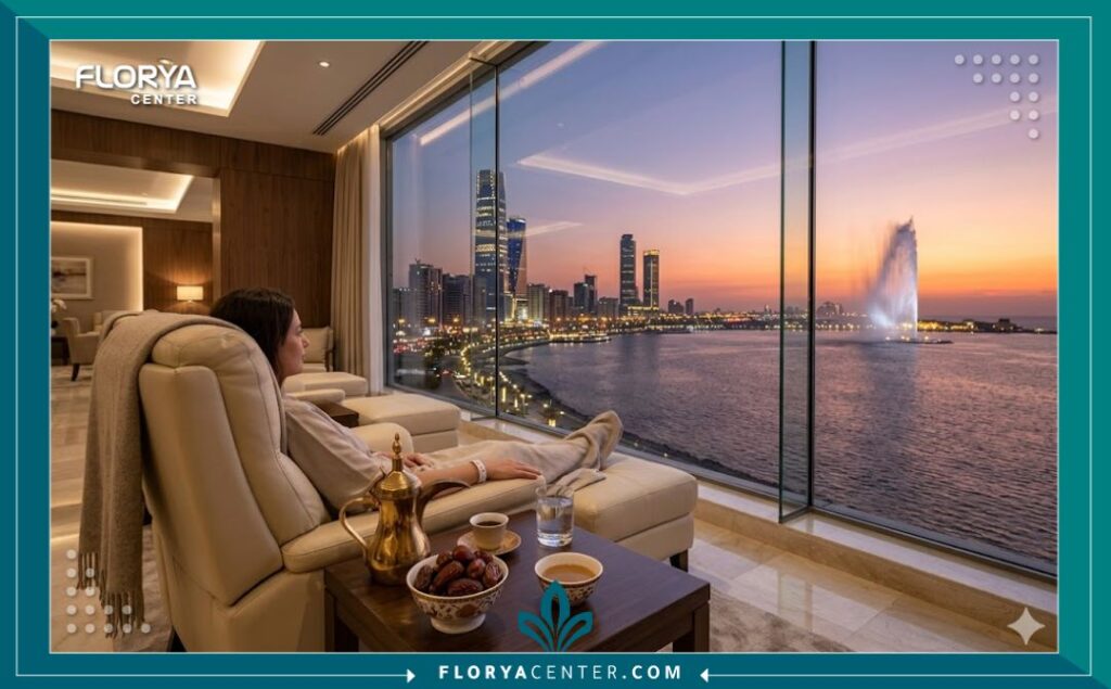 إطلالة بانورامية من عيادة زراعة شعر فاخرة في جدة على كورنيش الحمراء ونافورة الملك فهد وقت الغروب، تبرز رفاهية السياحة العلاجية.