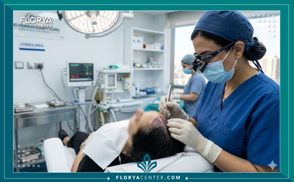 طبيبة متخصصة تجري عملية زراعة شعر لمريضة داخل غرفة عمليات معقمة وحديثة في مركز تجميل مرموق في مصر.