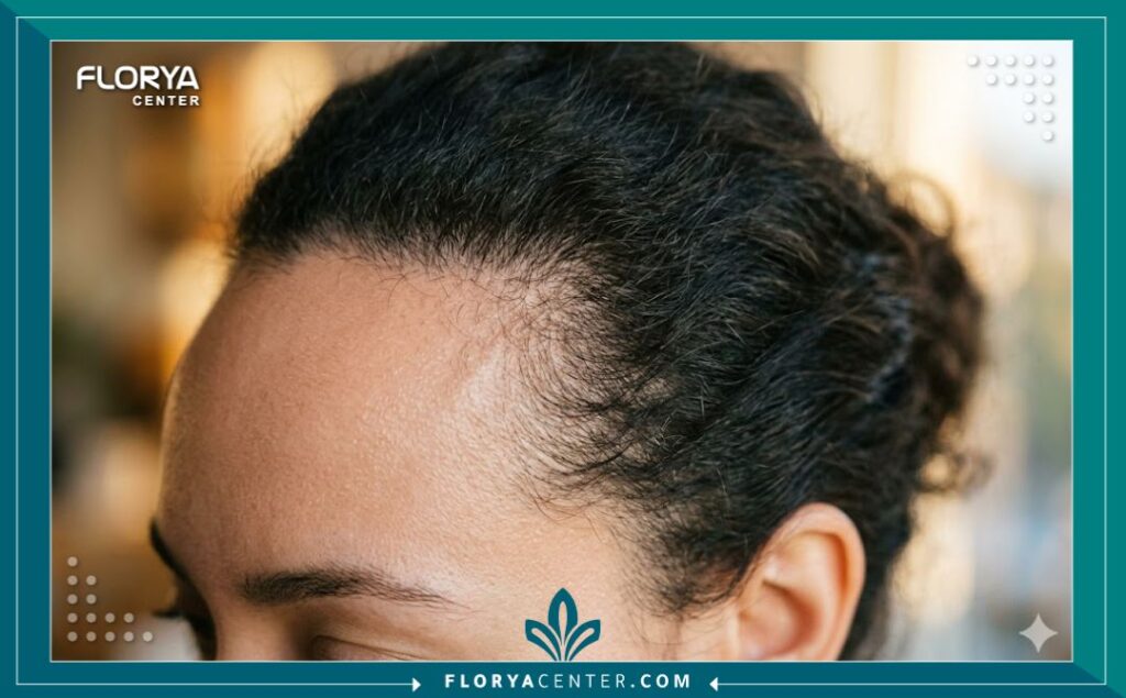 لقطة قريبة لخط الشعر الأمامي الطبيعي والكثيف لامرأة بعد خضوعها لعملية زراعة شعر ناجحة في مصر.