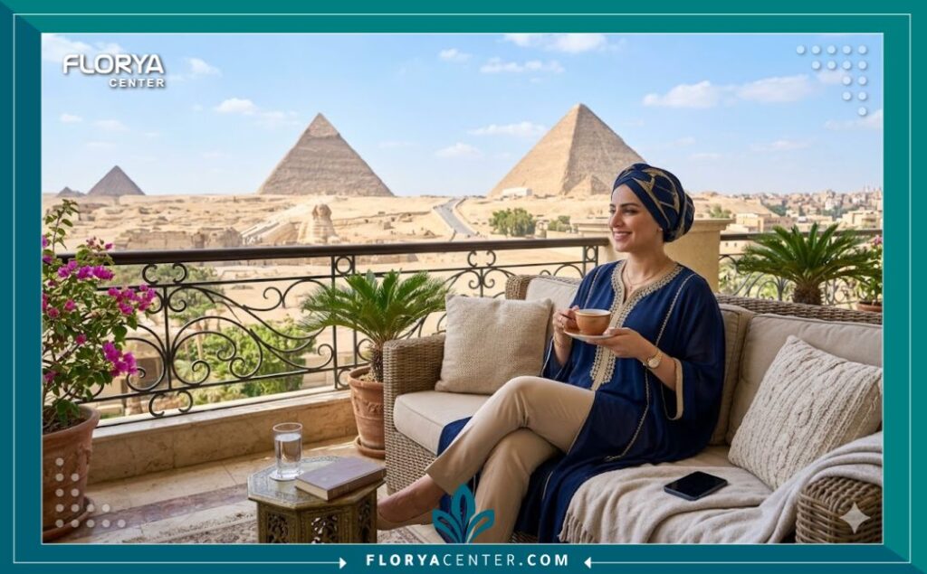 سيدة تقضي فترة النقاهة والاسترخاء في فندق فاخر بجمهورية مصر العربية مع إطلالة على الأهرامات بعد إجراء زراعة الشعر.