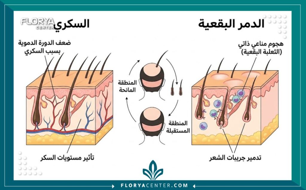 مخطط طبي يوضح تشريح فروة الرأس واختلاف تأثير مرض السكري عن الثعلبة البقعية على بصيلات الشعر، مع تسميات عربية.