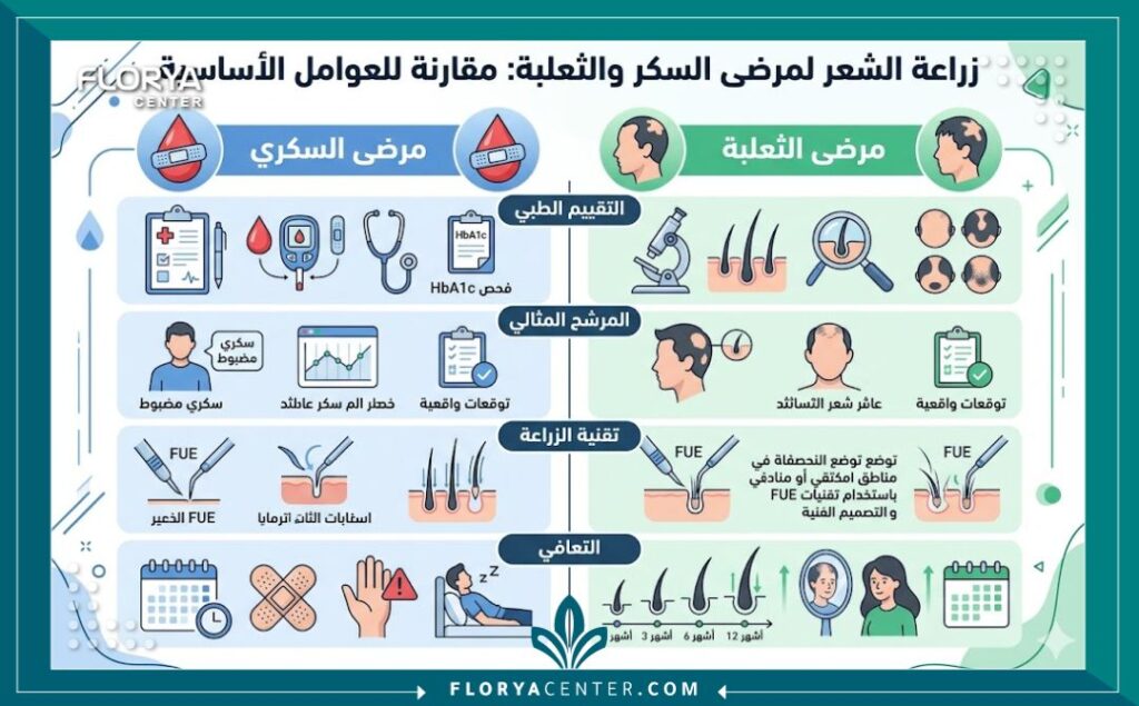 إنفوجرافيك مقارنة طبي باللغة العربية يوضح العوامل الأساسية التي يجب مراعاتها لزراعة الشعر لمرضى السكر والثعلبة.