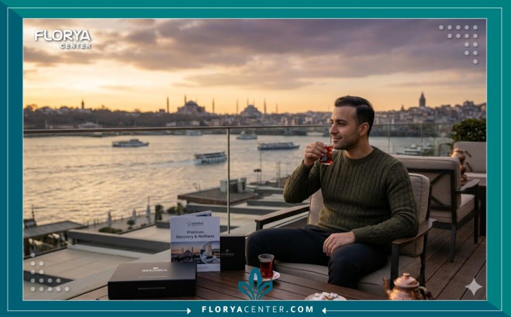 صورة فوتوغرافية لغروب الشمس الساحر على مضيق البوسفور في اسطنبول، يظهر فيها مريض يسترخي على شرفة فاخرة بعد زراعة الشعر، مما يجمع بين العلاج والسياحة العلاجية.