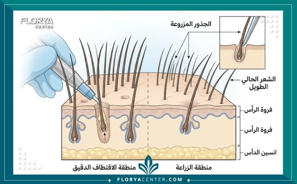 رسم تخطيطي طبي يوضح تقنية زراعة الشعر من دون حلاقة وكيفية زراعة البصيلات بين الشعر الطويل الحالي دون قصه.