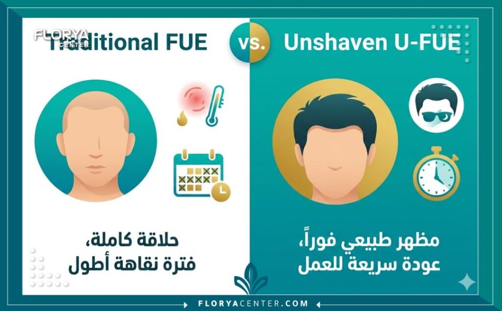 إنفوجرافيك يقارن بين زراعة الشعر التقليدية وزراعة الشعر من دون حلاقة، موضحاً ميزة العودة السريعة للحياة الاجتماعية دون ملاحظة العملية.