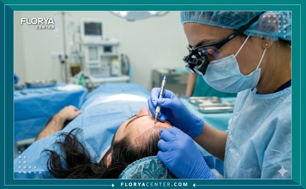 طبيبة متخصصة تقوم بإجراء عملية زراعة شعر بدون حلاقة لمريض، باستخدام أقلام تشوي المتطورة لزراعة البصيلات بدقة بين الشعر الموجود.