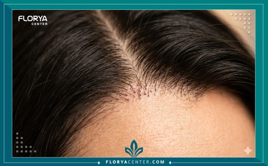 لقطة مكبرة قريبة تظهر نجاح زراعة الشعر من دون حلاقة للنساء، حيث تندمج البصيلات الجديدة المزروعة بشكل طبيعي مع الشعر الطويل الأصلي.