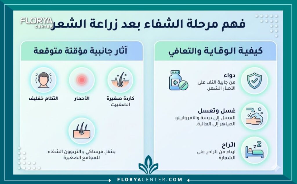 إنفوجرافيك يوضح الفرق بين الآثار الجانبية المؤقتة زراعة الشعر هل لها اضرار والمضاعفات النادرة، مع طرق الوقاية لضمان سلامة العملية.