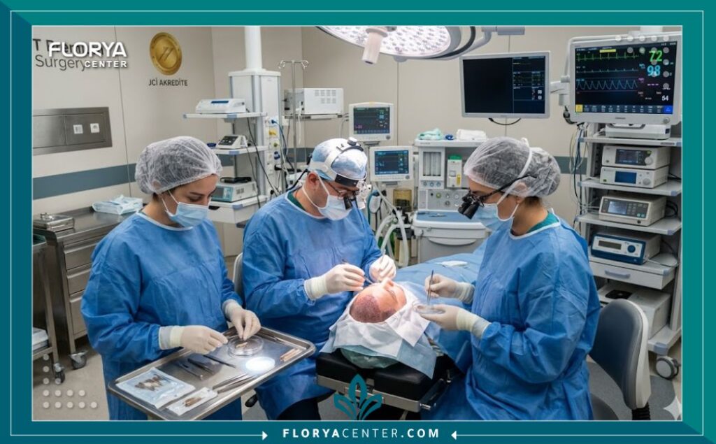 بيئة غرفة عمليات معقمة واحترافية في مستشفى تركي، حيث يقوم أطباء خبراء بإجراء زراعة الشعر بمعايير عالمية لتلافي أي أضرار صحية.