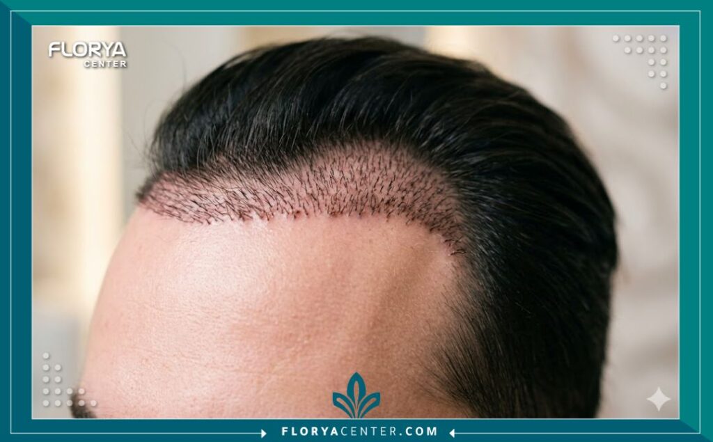 لقطة مكبرة لخط الشعر بعد 10 أيام من زراعة الشعر بطريقة DHI، تظهر التئام الجروح الدقيقة ونمو البصيلات بشكل صحي وآمن.