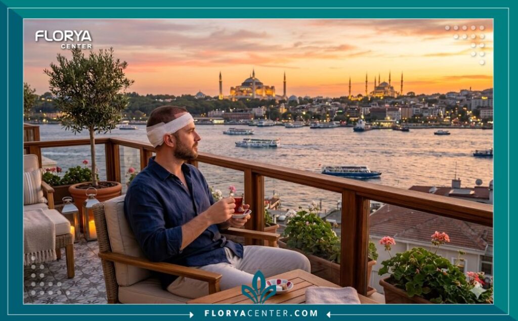 مريض يقضي فترة نقاهة مريحة في إسطنبول بعد زراعة الشعر، مطلًا على البوسفور، مما يربط بين السياحة العلاجية والتعافي الآمن من العملية.