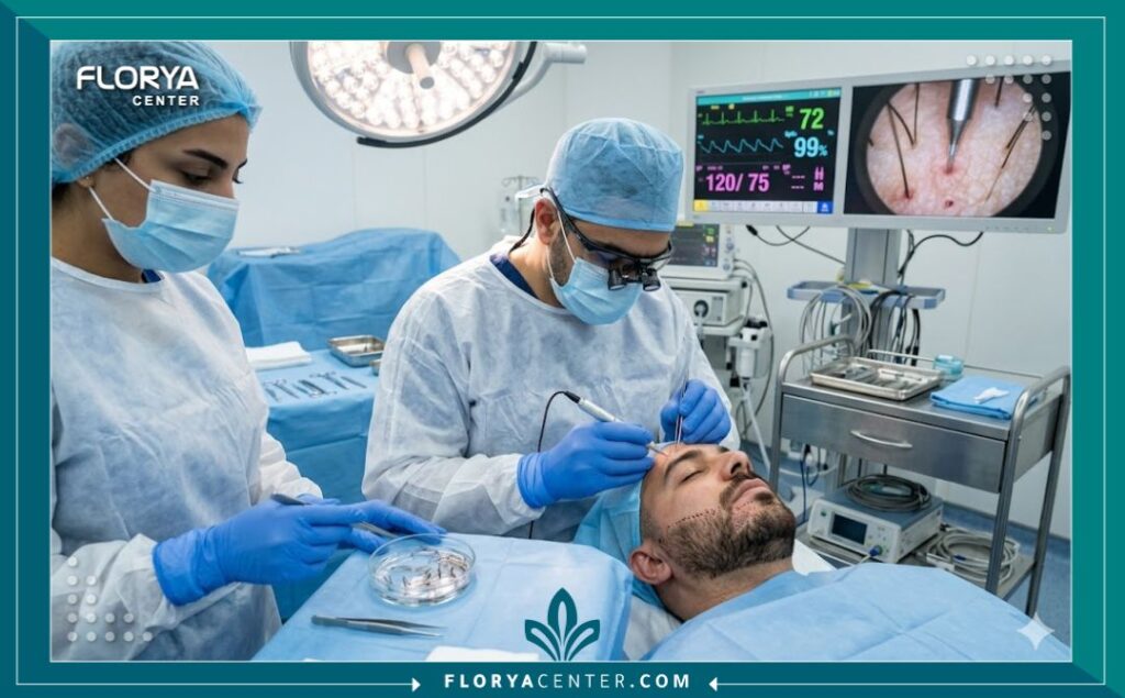 طبيب جراح يقوم بإجراء عملية زراعة دقيقة لشعر الشنب والذقن لمريض في غرفة عمليات معقمة وحديثة في مستشفى تركي.