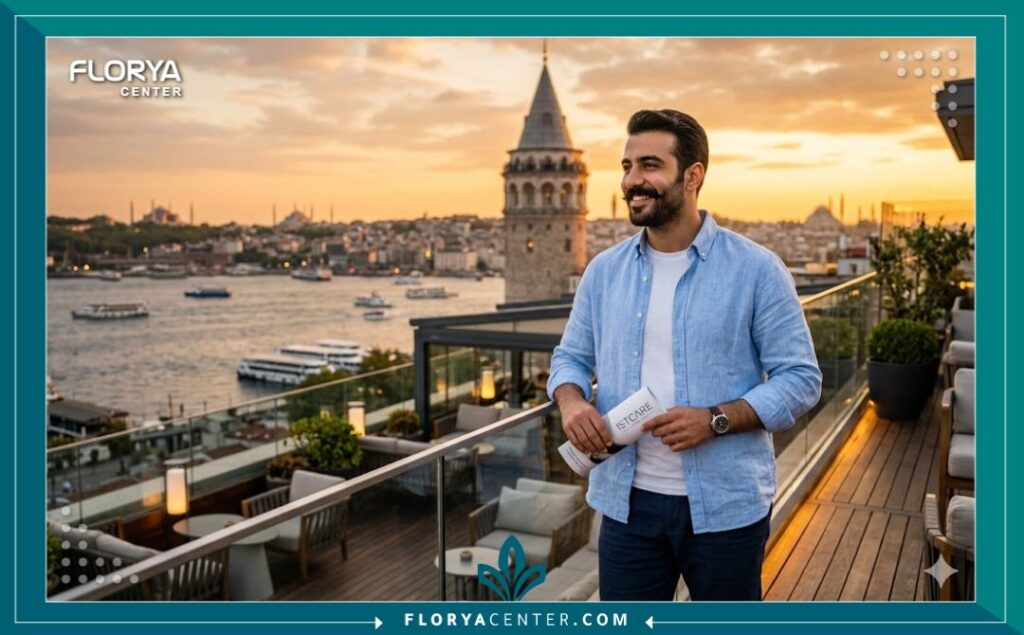 رجل واثق ذو لحية وشنب مهذبين يستمتع بمنظر بانورامي لمدينة إسطنبول وبرج غلاطة وقت الغروب، يرمز لنجاح رحلة زراعة الشعر في تركيا.