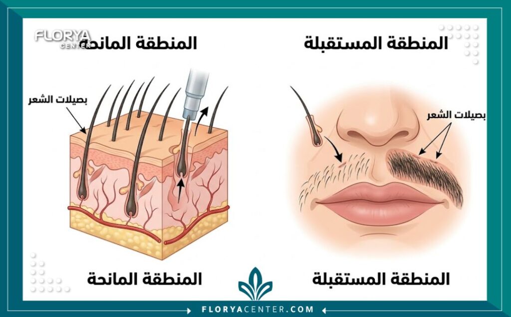 رسم تخطيطي طبي يوضح مراحل عملية زراعة الشنب، من استخراج البصيلات من المنطقة المانحة إلى زراعتها في الشارب.