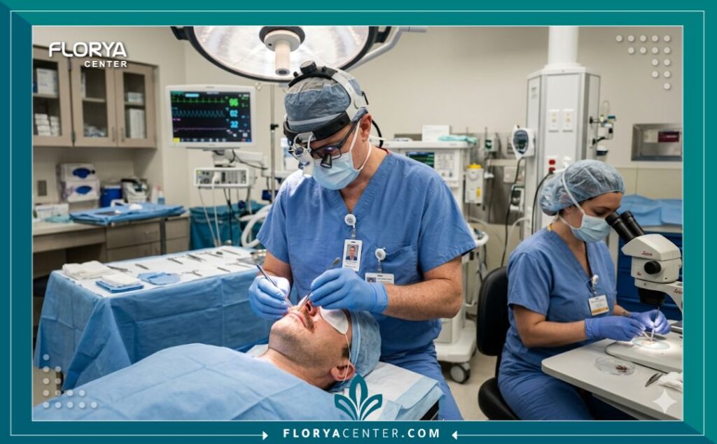 لقطة واقعية من داخل غرفة العمليات تظهر طبيبًا يقوم بإجراء زراعة الشنب بدقة، مع التركيز على التعقيم والاحترافية.