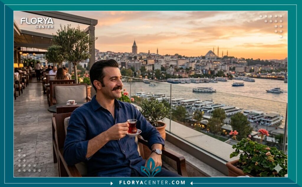 رجل يستمتع بمنظر مضيق البوسفور في إسطنبول بعد إجراء زراعة الشنب في تركيا، مما يجمع بين السياحة والعلاج.