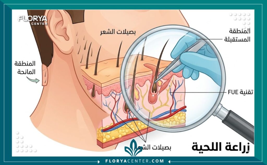 رسم تخطيطي طبي يوضح مراحل استخراج وزراعة بصيلات الشعر في منطقة اللحية بتقنية FUE في تركيا.