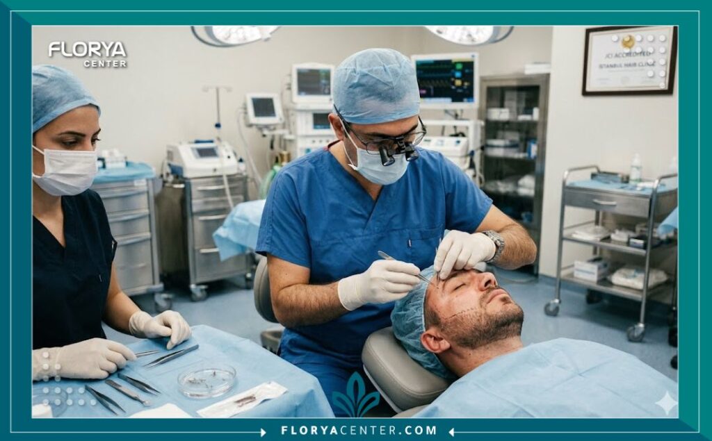 لقطة واقعية من داخل غرفة عمليات حديثة في عيادة لزراعة الشعر في اسطنبول بتركيا، تظهر فريقاً طبياً محترفاً يجري عملية زراعة لحية بدقة متناهية لمريض، مع تركيز على الدقة والنظافة والأدوات المتطورة.