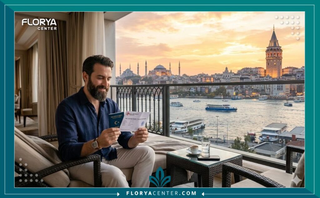 مشهد سياحي فاخر يربط بين جمال اسطنبول ووجهة زراعة اللحية؛ مسافر يستريح على شرفة فندق يطل على مضيق البوسفور ومعالم المدينة التاريخية (برج غالاتا، جامع السلطان أحمد) عند الشروق، بعد الانتهاء من إجراء زراعة اللحية.