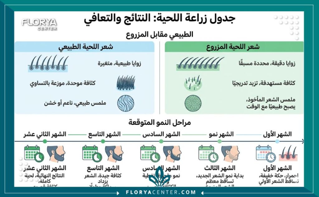 إنفوجرافيك مقارنة بين الشعر الطبيعي والمزروع في اللحية وجدول زمني لنمو الشعر بعد الزراعة باللغة العربية.