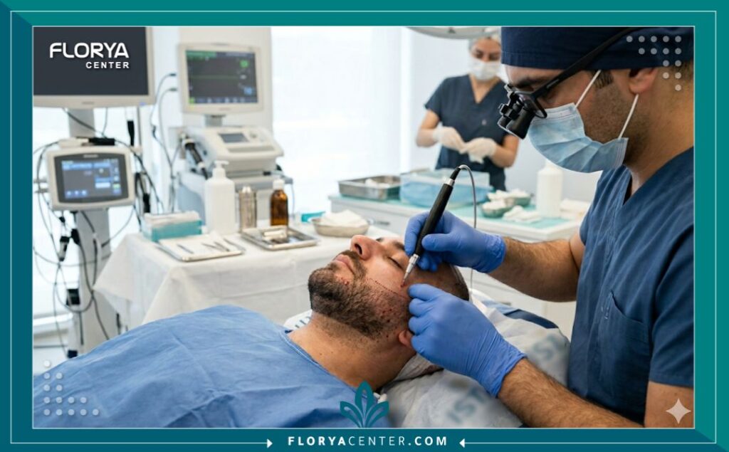 صورة واقعية من داخل غرفة العمليات في عيادة تركية متخصصة أثناء إجراء عملية زراعة شعر اللحية للمريض.