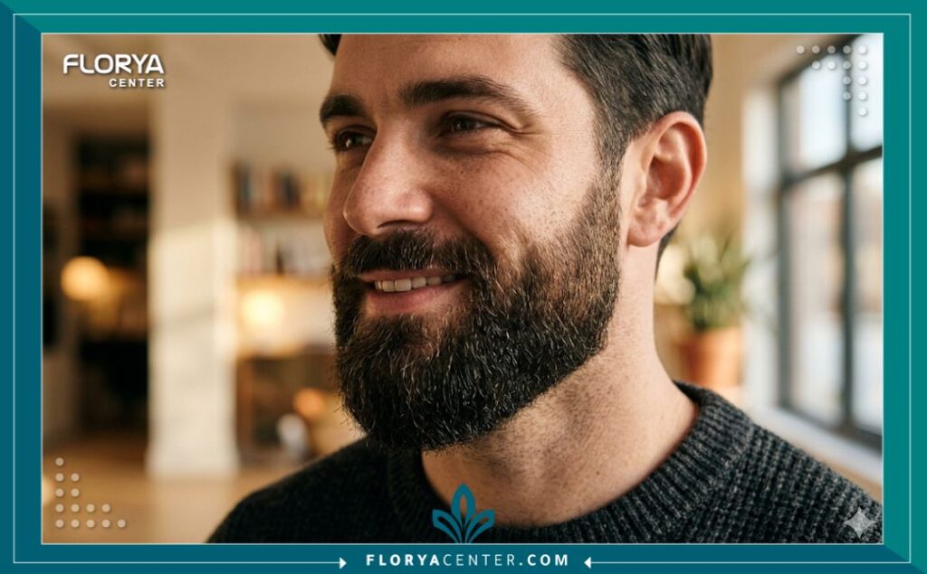 لقطة مقربة تبرز كثافة واتجاه الشعر الطبيعي في لحية رجل بعد نجاح عملية زراعة الذقن.