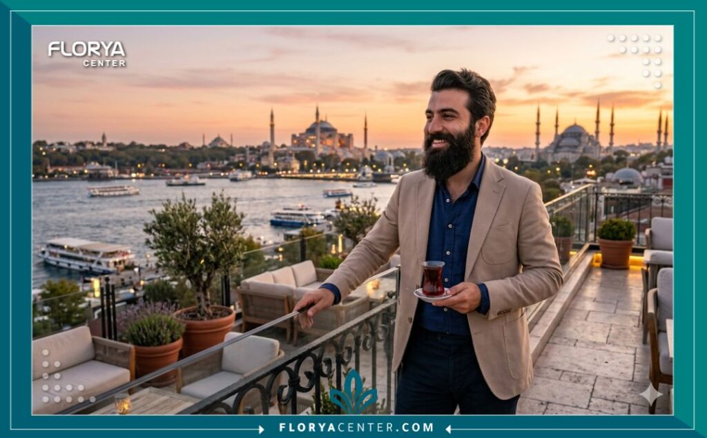 رجل عربي سعيد بمظهر لحيته الجديدة المزروعة يقف على شرفة في إسطنبول بتركيا بعد رحلة سياحة علاجية ناجحة.