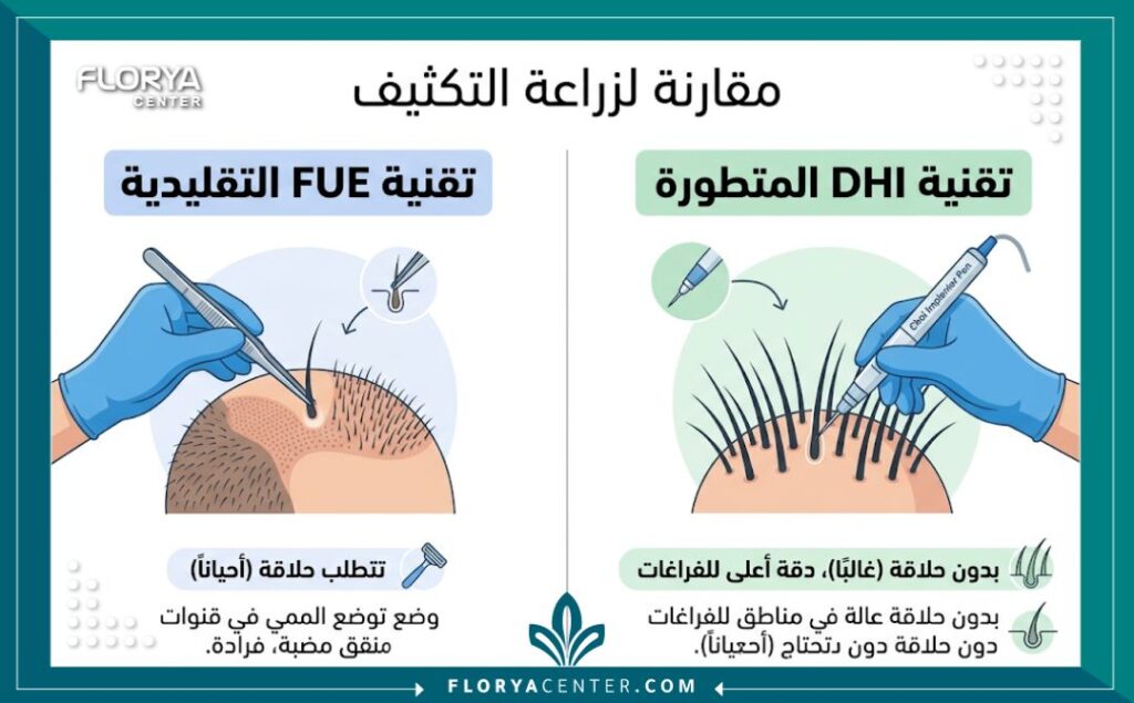 إنفوجرافيك يوضح الفرق بين تقنية FUE وتقنية DHI في زراعة تكثيف الشعر، موضحاً ميزة DHI لملء الفراغات بدون حلاقة.