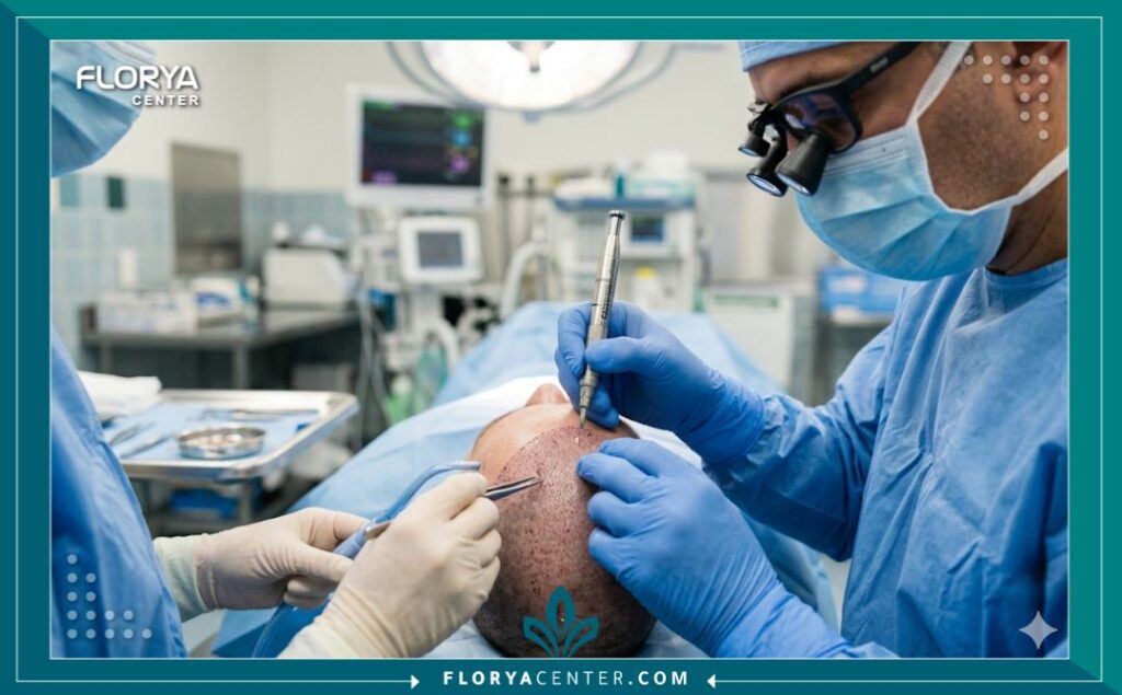 طبيب متخصص يقوم بعملية زراعة تكثيف الشعر باستخدام قلم تشوي (DHI) بدقة عالية داخل غرفة عمليات معقمة واحترافية.