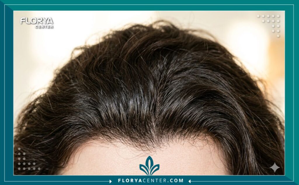 لقطة قريبة جمالية تظهر كثافة الشعر الطبيعية واللمعان بعد نجاح عملية زراعة تكثيف الشعر في مقدمة الرأس والتاج.