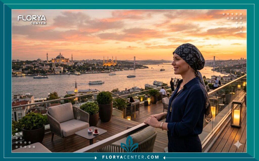 مريض في فترة النقاهة بعد زراعة تكثيف الشعر في اسطنبول يقف على شرفة مطلة على البوسفور وآيا صوفيا، يجمع بين العلاج والسياحة.