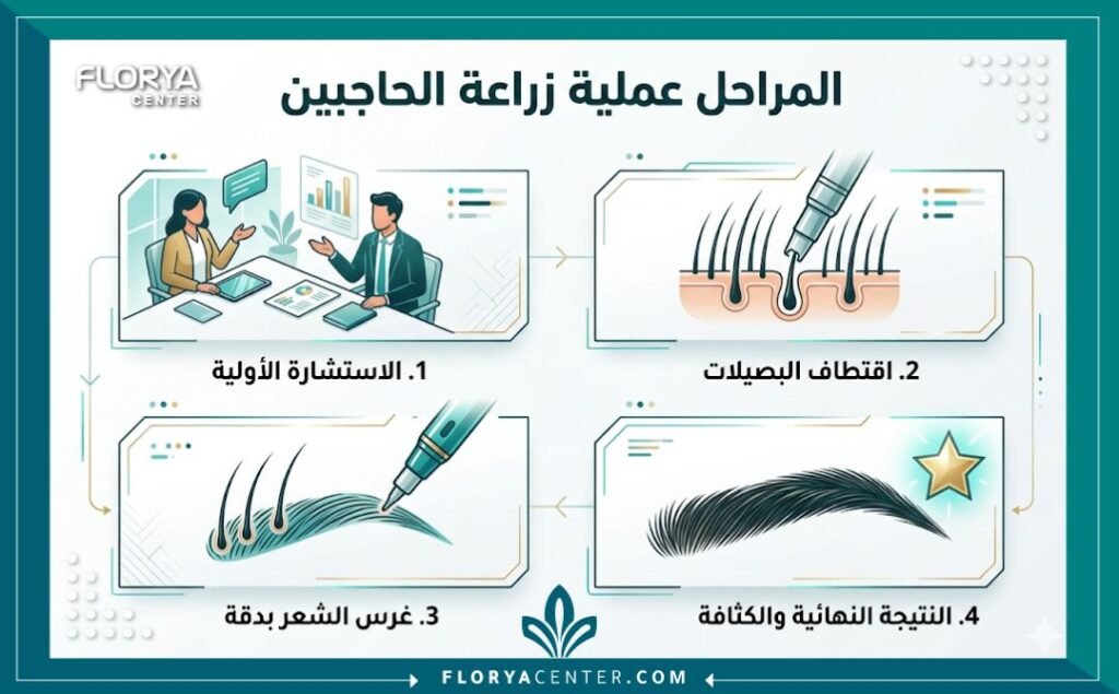 انفوجرافيك يوضح الخطوات الأربعة الرئيسية لعملية زراعة شعر الحاجبين من الاستشارة وحتى النتائج.