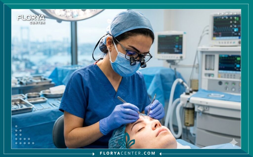 طبيبة تجميل متخصصة تقوم بإجراء عملية زراعة شعر الحاجبين بدقة داخل غرفة عمليات معقمة ومجهزة بأحدث التقنيات.