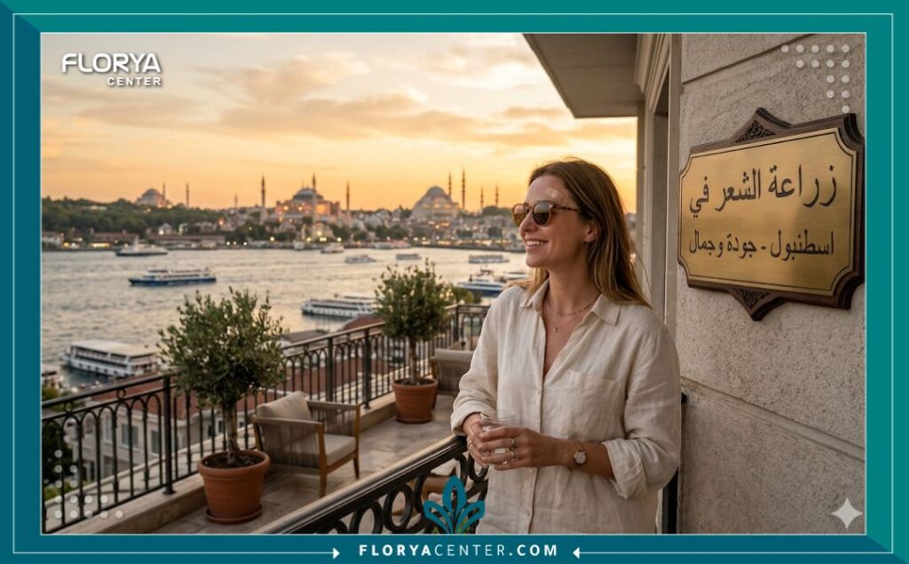 مريضة تستمتع بإطلالة البوسفور الساحرة في اسطنبول بعد إجراء عملية زراعة شعر الحاجبين، تجسيداً للسياحة العلاجية في تركيا.