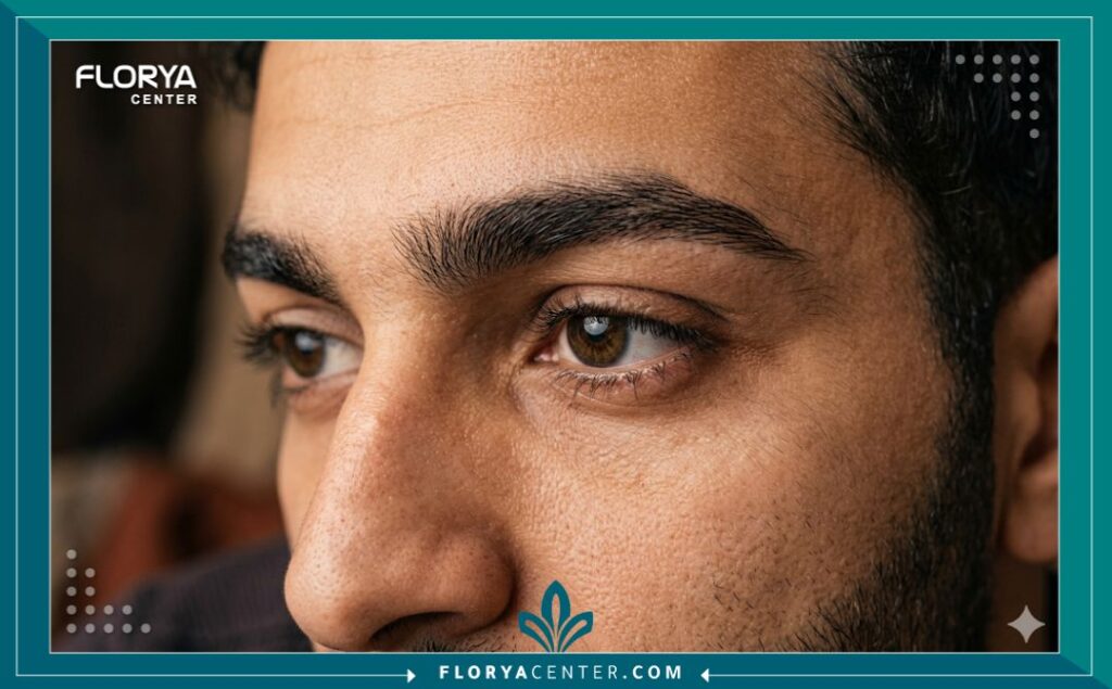 لقطة مكبرة احترافية تظهر كثافة ومظهر شعر الحواجب الطبيعي والجذاب لرجل مصري بعد تعافيه التمام من عملية زراعة شعر الحواجب.