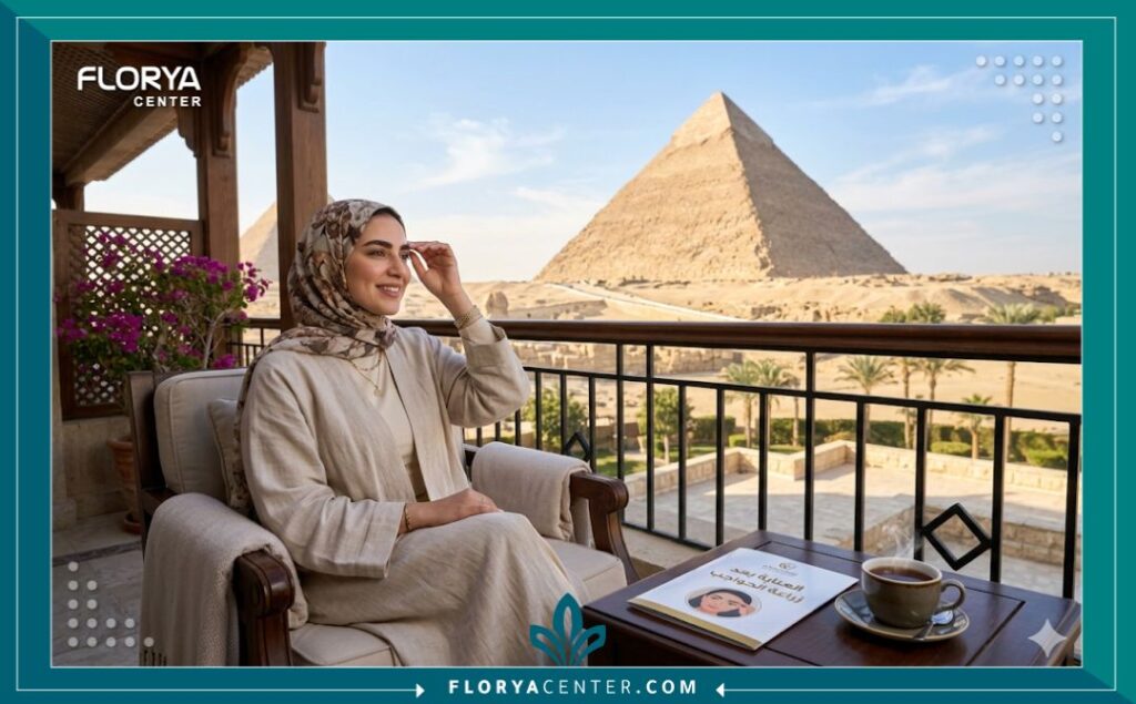سائحة عربية تستمتع بوقتها في فندق فاخر يطل على الأهرامات في الجيزة بعد إجراء عملية زراعة الحواجب في مصر، ضمن رحلة سياحة علاجية ناجحة.