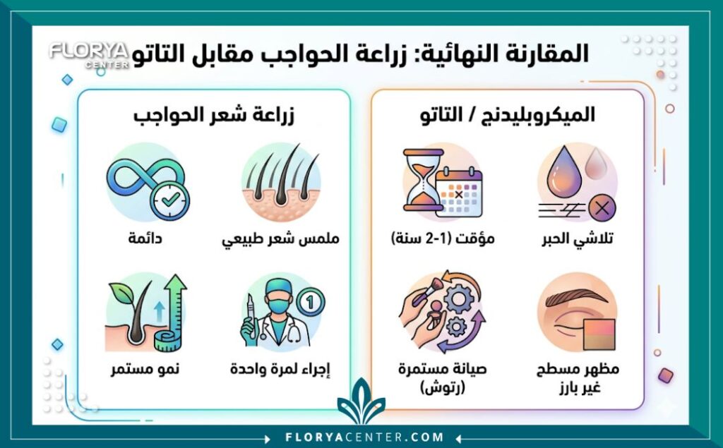 إنفوجرافيك يوضح الفرق بين زراعة الحواجب الدائمة وتاتو الحواجب المؤقت.