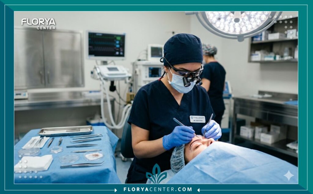 طبيبة متخصصة تقوم بإجراء عملية زراعة شعر الحواجب بدقة في عيادة معقمة.