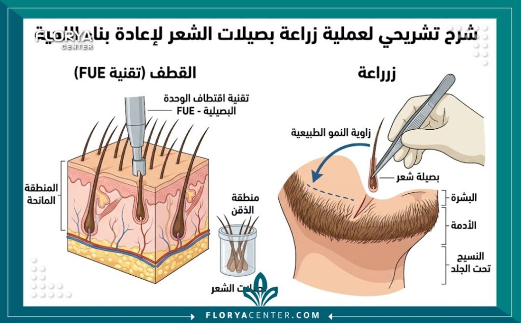رسم تخطيطي طبي يوضح خطوات تقنية اقتطاف البصيلات (FUE) لزراعة شعر الذقن ونقلها من المنطقة المانحة إلى منطقة اللحية مع مراعاة اتجاه النمو.