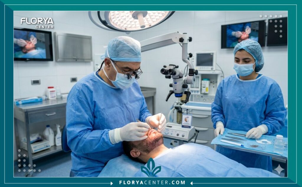 طبيب مصري متخصص يقوم بإجراء عملية زراعة شعر الذقن دقيقة مجهرية لمريض داخل غرفة عمليات معقمة ومجهزة بأحدث التقنيات في القاهرة.