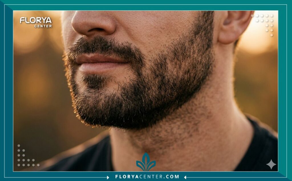 لقطة قريبة (Close-up) جمالية تظهر تفاصيل وكثافة والمظهر الطبيعي لشعر الذقن بعد نجاح عملية الزراعة وفترة النمو في مركز تجميل بمصر.