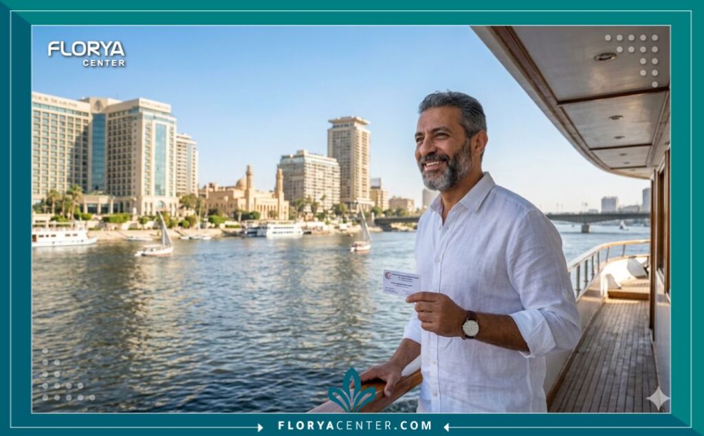 مريض يستمتع برحلة نيلية فاخرة في القاهرة ويبدو سعيداً بنقاهته بعد إجراء عملية زراعة شعر الذقن في مصر، ضمن برنامج السياحة العلاجية.